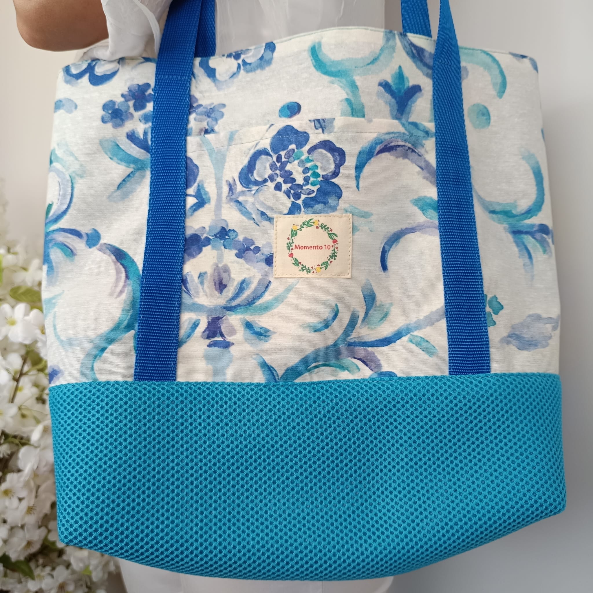 Bolsa grande de tela Mesh 3D azul turquesa con flores - Imagen 4