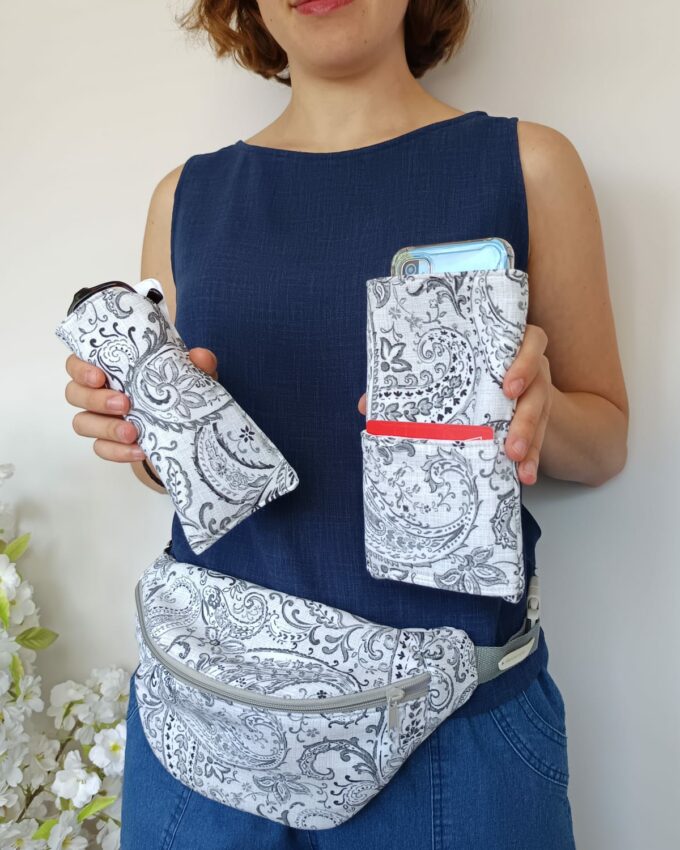 Pack de riñonera, funda de gafas y funda móvil gris