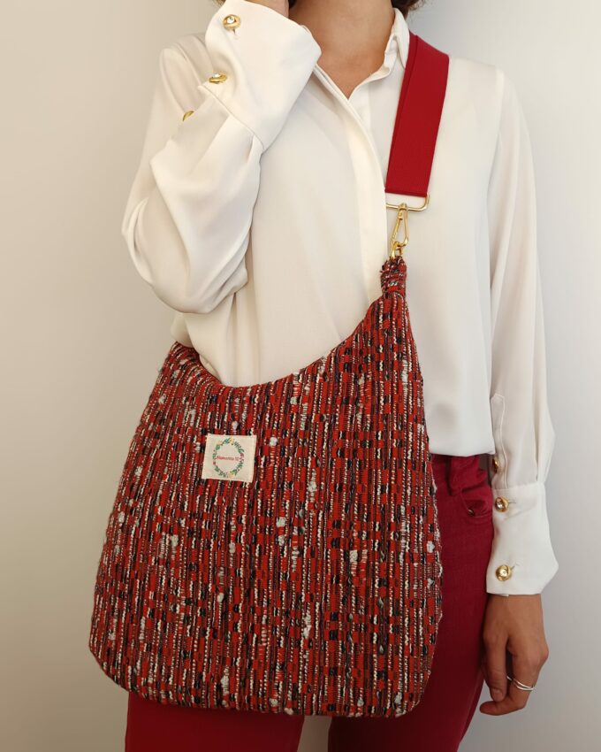 Bolso de tela rayas marrón y burdeos imitación jarapa