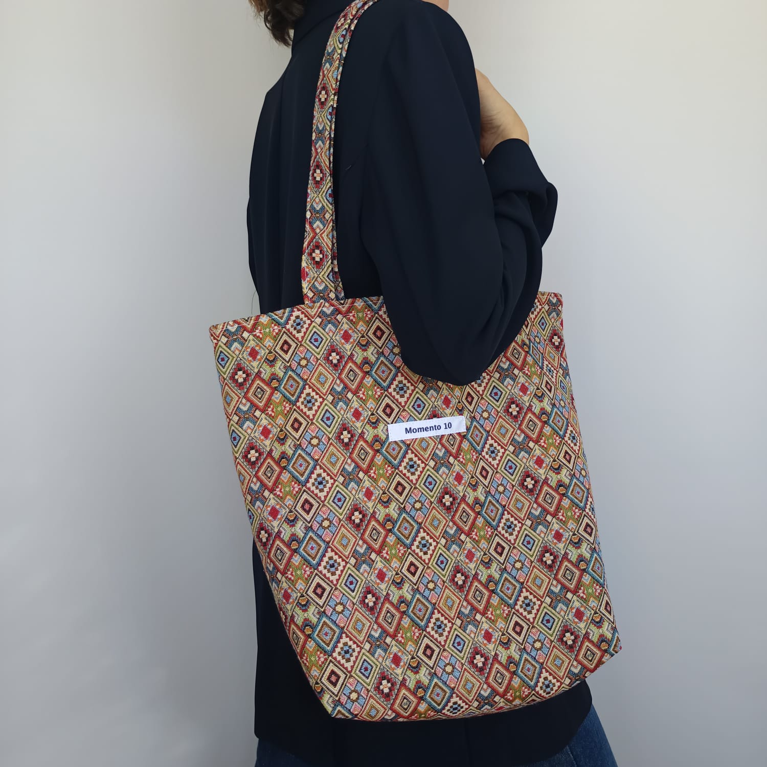 Bolso tote de loneta con diseño de rombos multicolor - Imagen 7