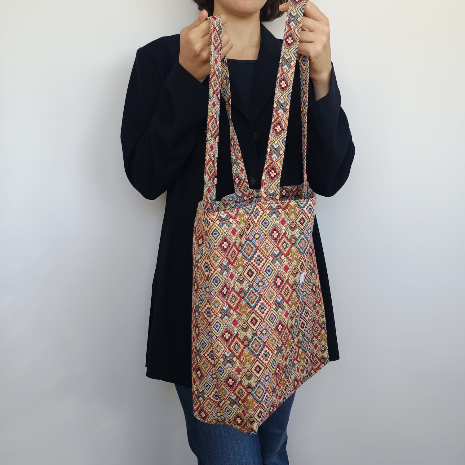 Bolso tote de loneta con diseño de rombos multicolor - Imagen 3